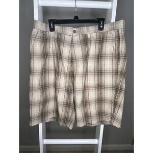 Tommy Bahama Linen Silk Shorts Mens 38 Brown Plaid Flat Front 10 in Inseam EUC